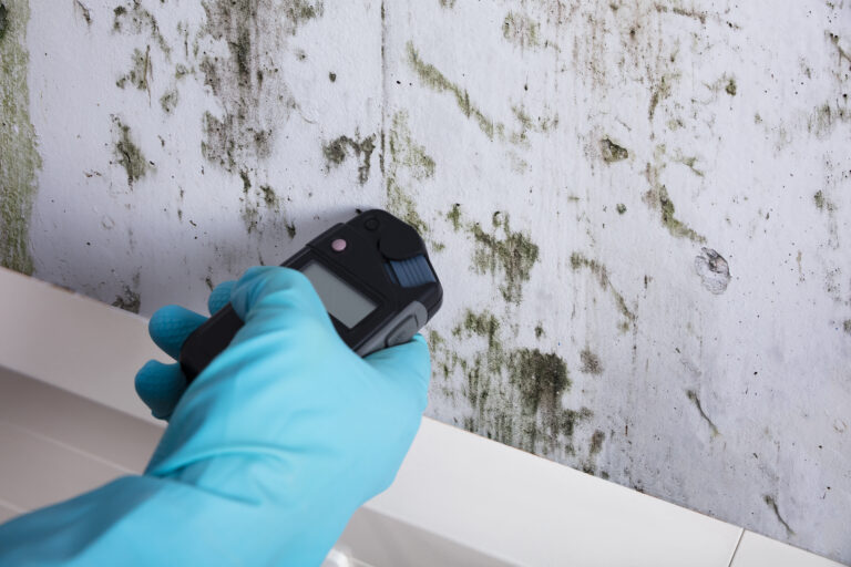 Professional using a handheld device to measure mold concentration on a heavily mold-infested wall