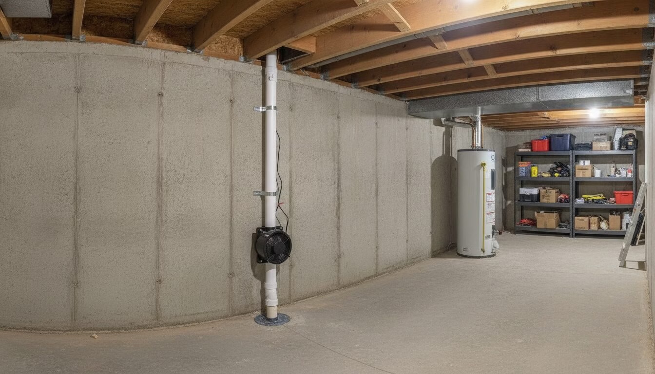 Sub-slab depressurization radon mitigation system installed in a St. Louis basement