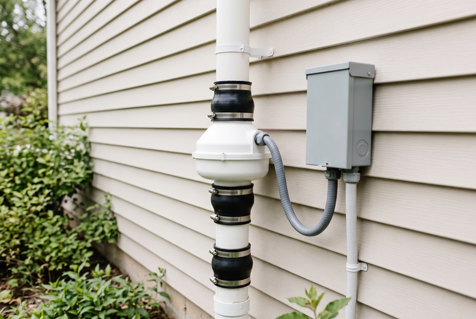 Inline radon fan with sealed couplings and an exterior electrical disconnect