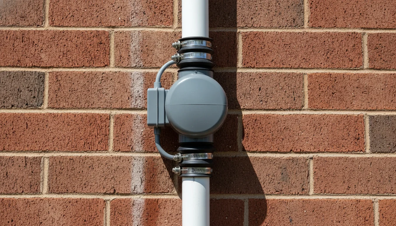 Close view of a gray radon mitigation fan installed inline on white PVC pipe with black rubber couplings and stainless clamps against a brick wall