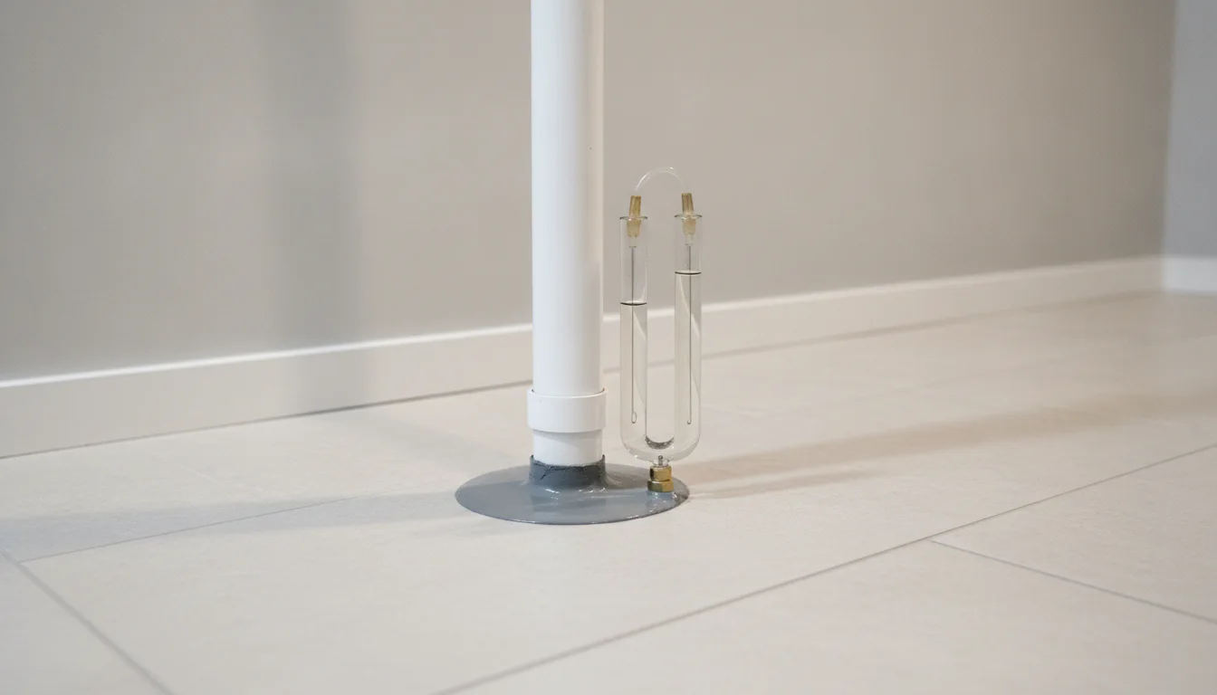 Clear U-tube manometer beside a white radon mitigation pipe rising from a sealed basement floor penetration