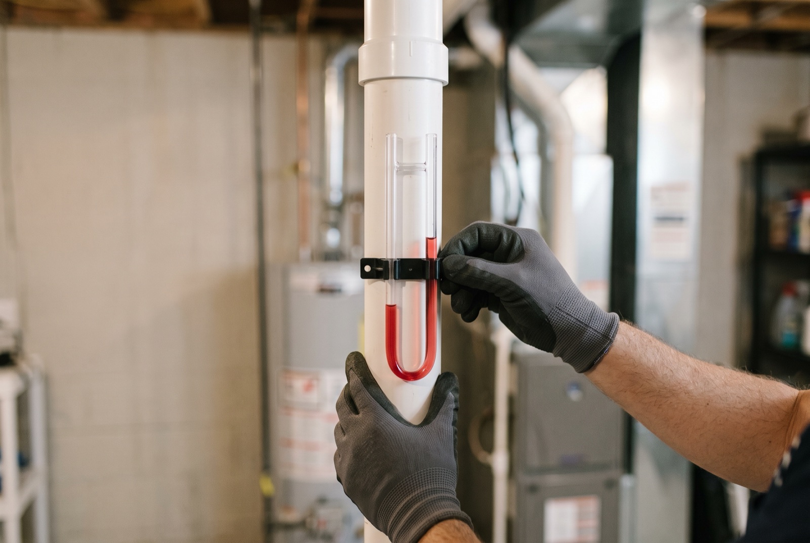 Technician checking a U-tube manometer on a radon mitigation system