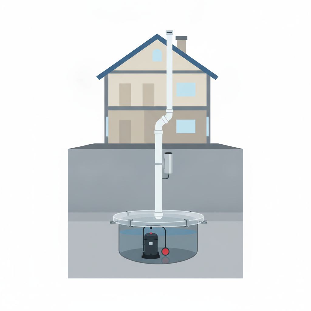 Cutaway illustration of a sump pump radon mitigation system: sealed sump pit lid with a suction pipe and in-line fan venting above the roofline