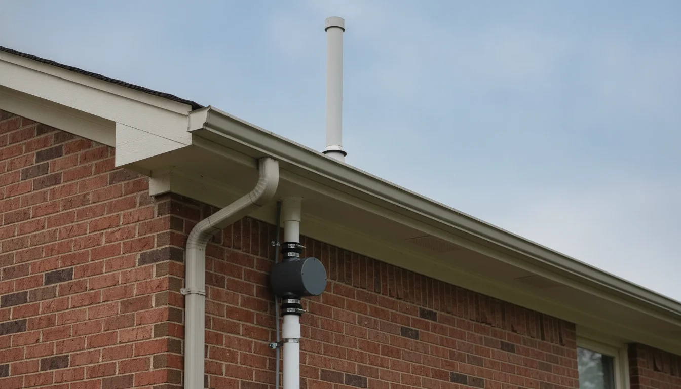 Exterior radon fan and white PVC vent stack routed above the roofline