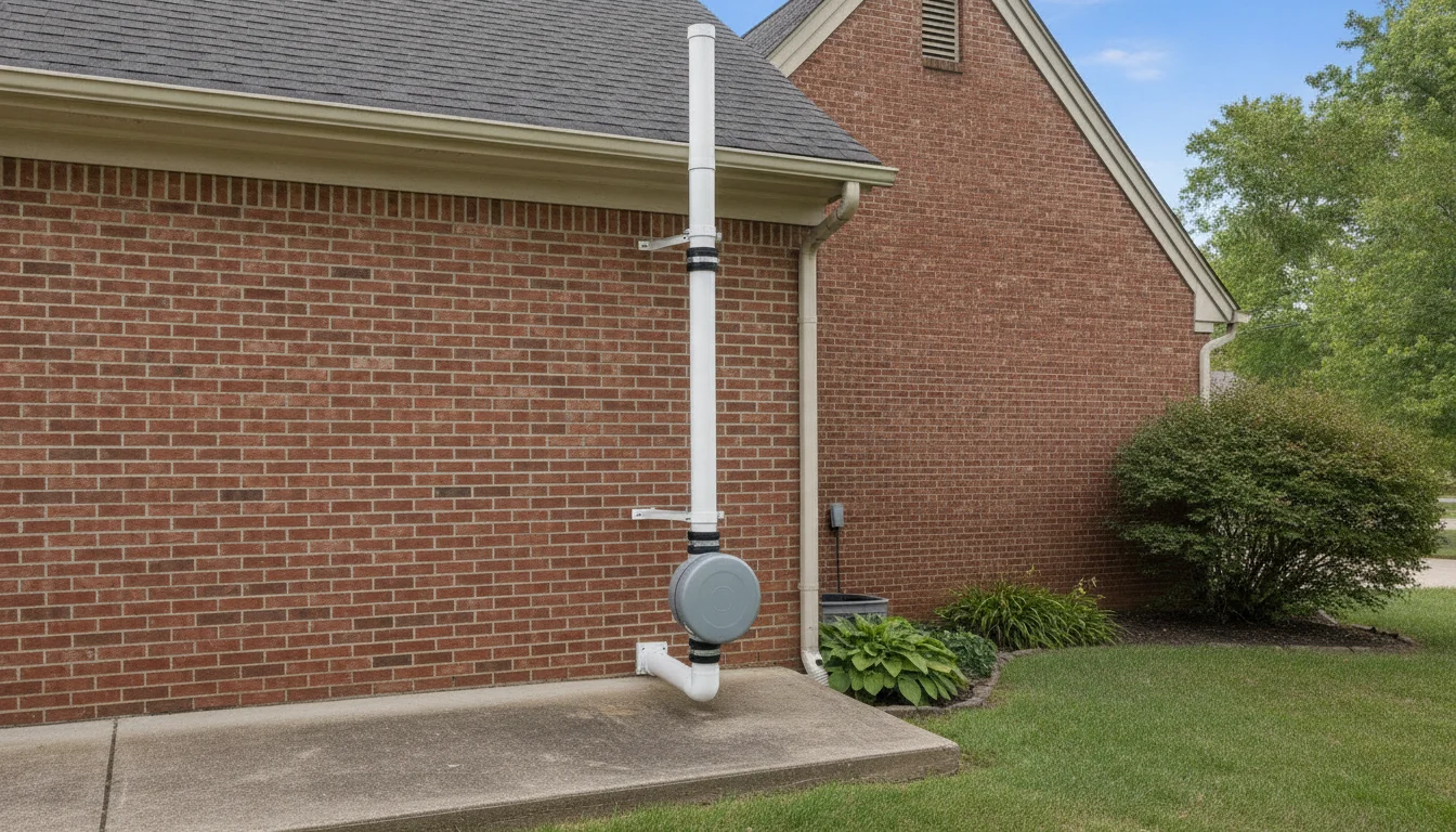 Completed exterior radon mitigation fan and vent stack on a brick St. Louis home