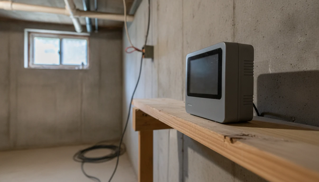 Continuous radon monitor placed on a basement shelf for a follow-up test