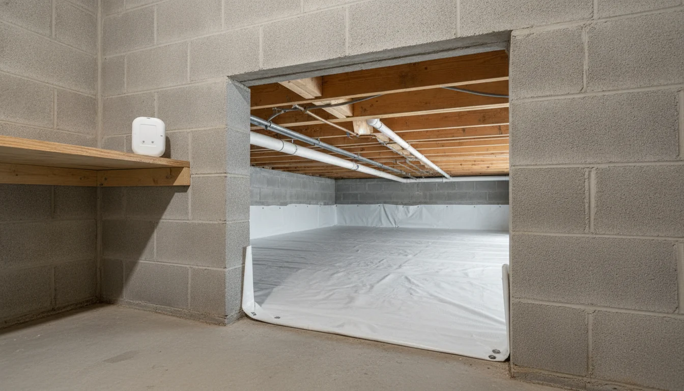 Radon test device in a home above a clean accessible crawl space
