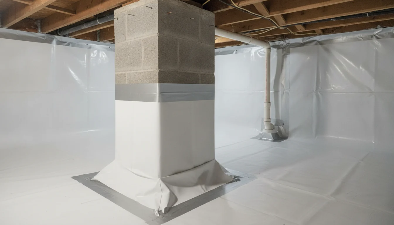 Sealed crawl space vapor barrier wrapped neatly around a masonry support pier