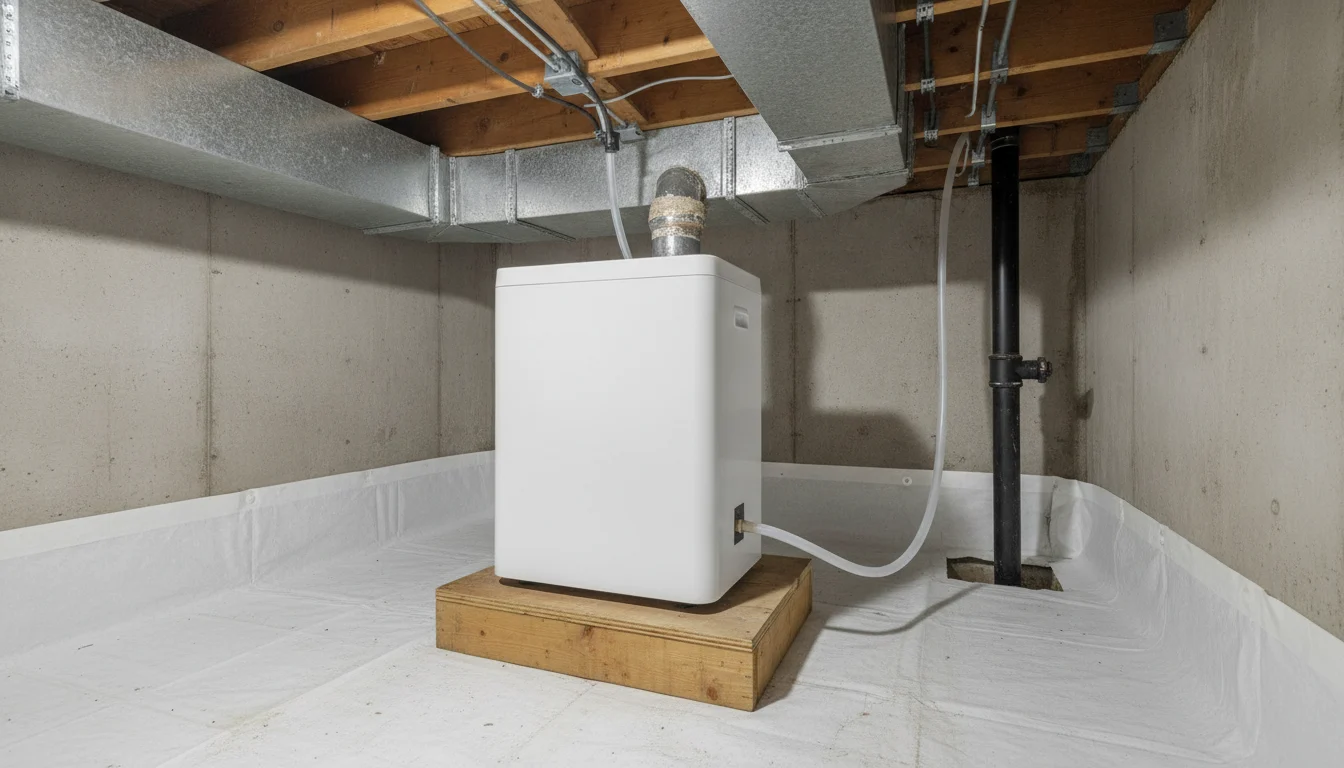 Compact crawl space dehumidifier and sealed liner in a professionally encapsulated crawl space