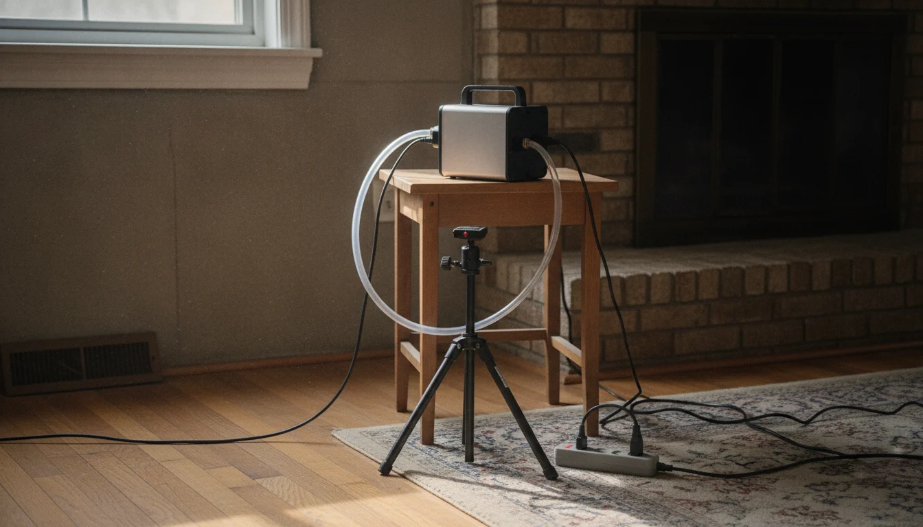 Professional indoor air sampling equipment set up in an occupied-style living space without people