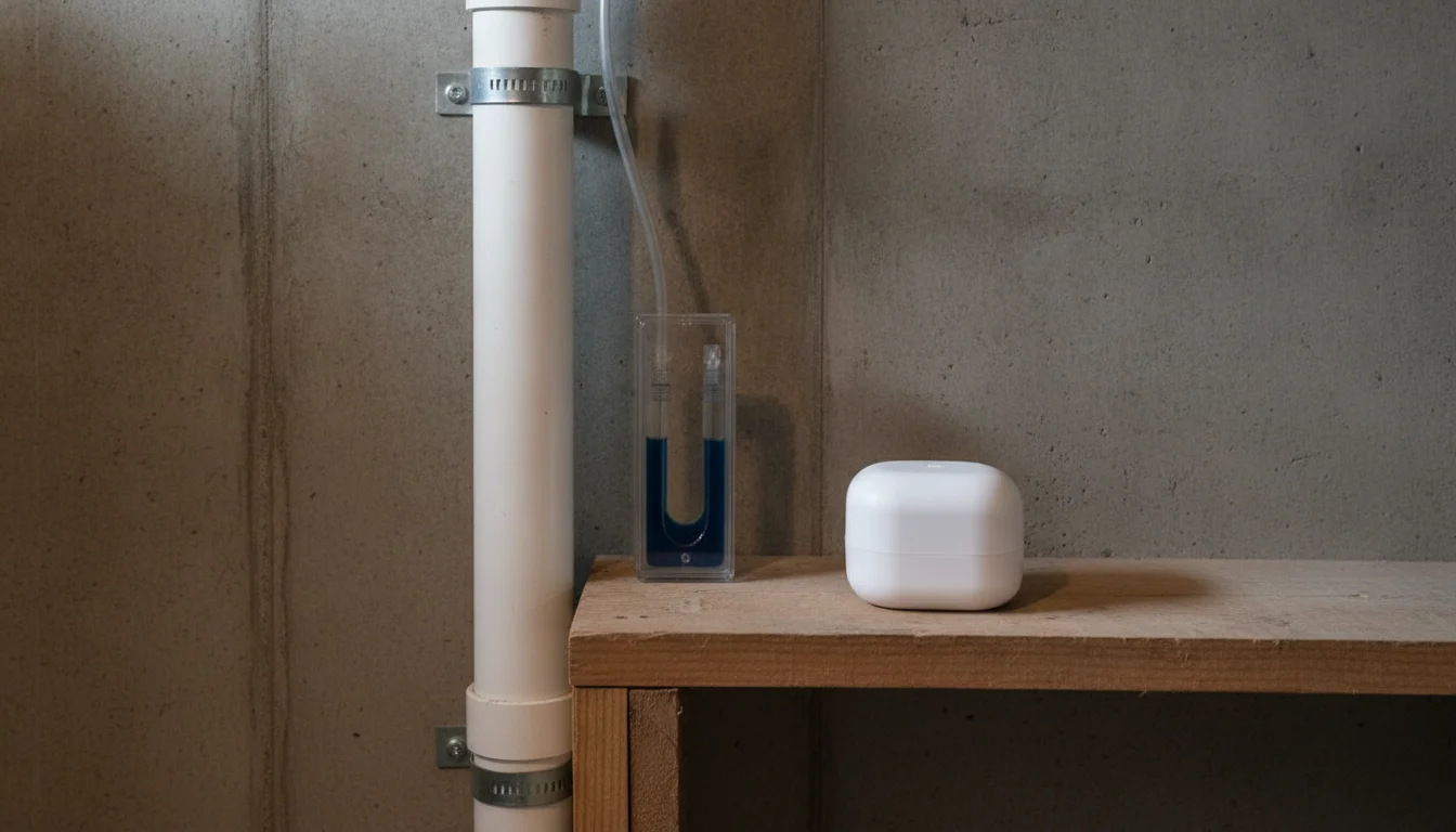Continuous radon monitor beside a mitigation pipe and manometer during a pre-purchase home inspection
