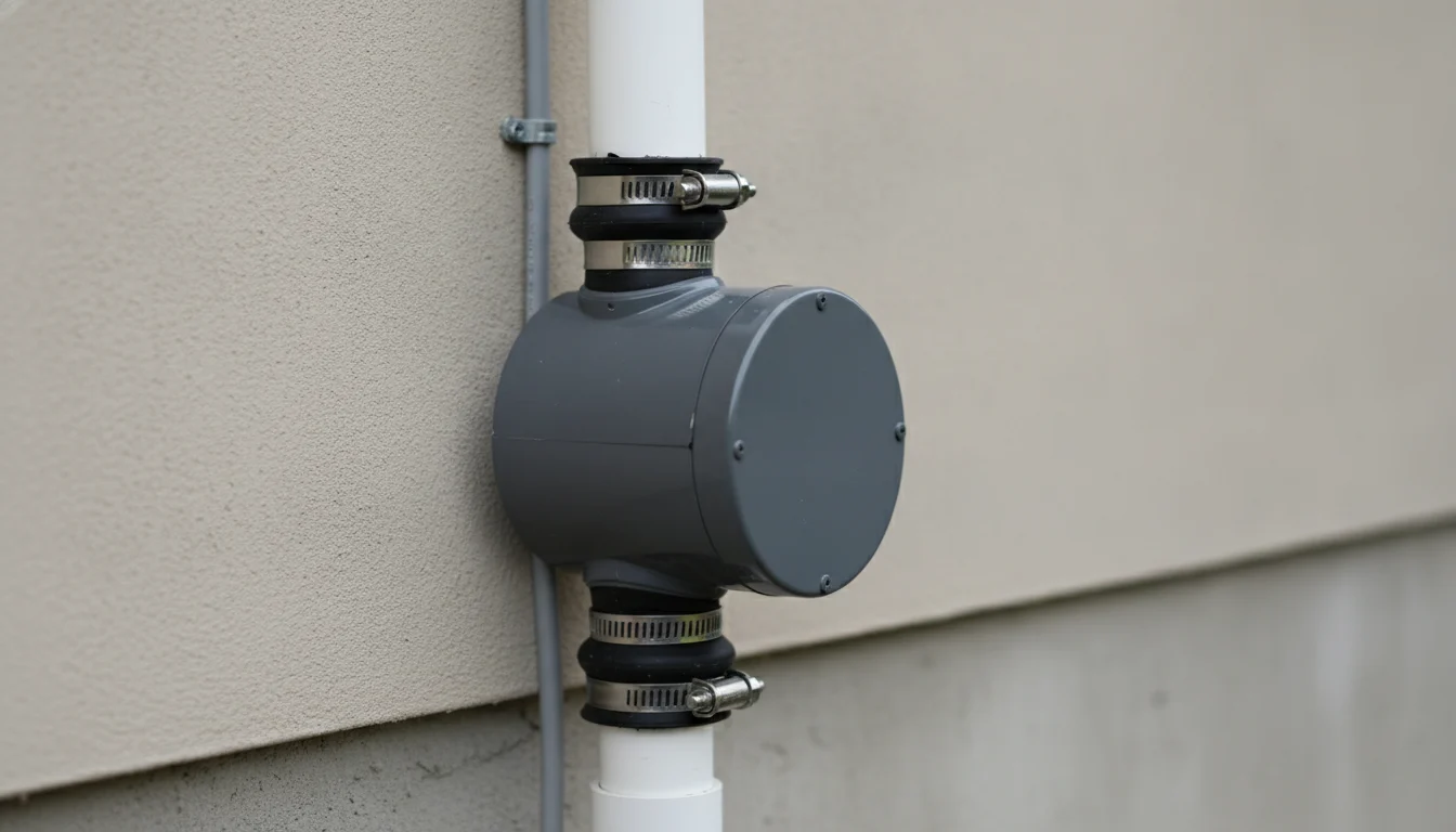 Exterior inline radon fan and vent pipe on the side of a St. Louis home
