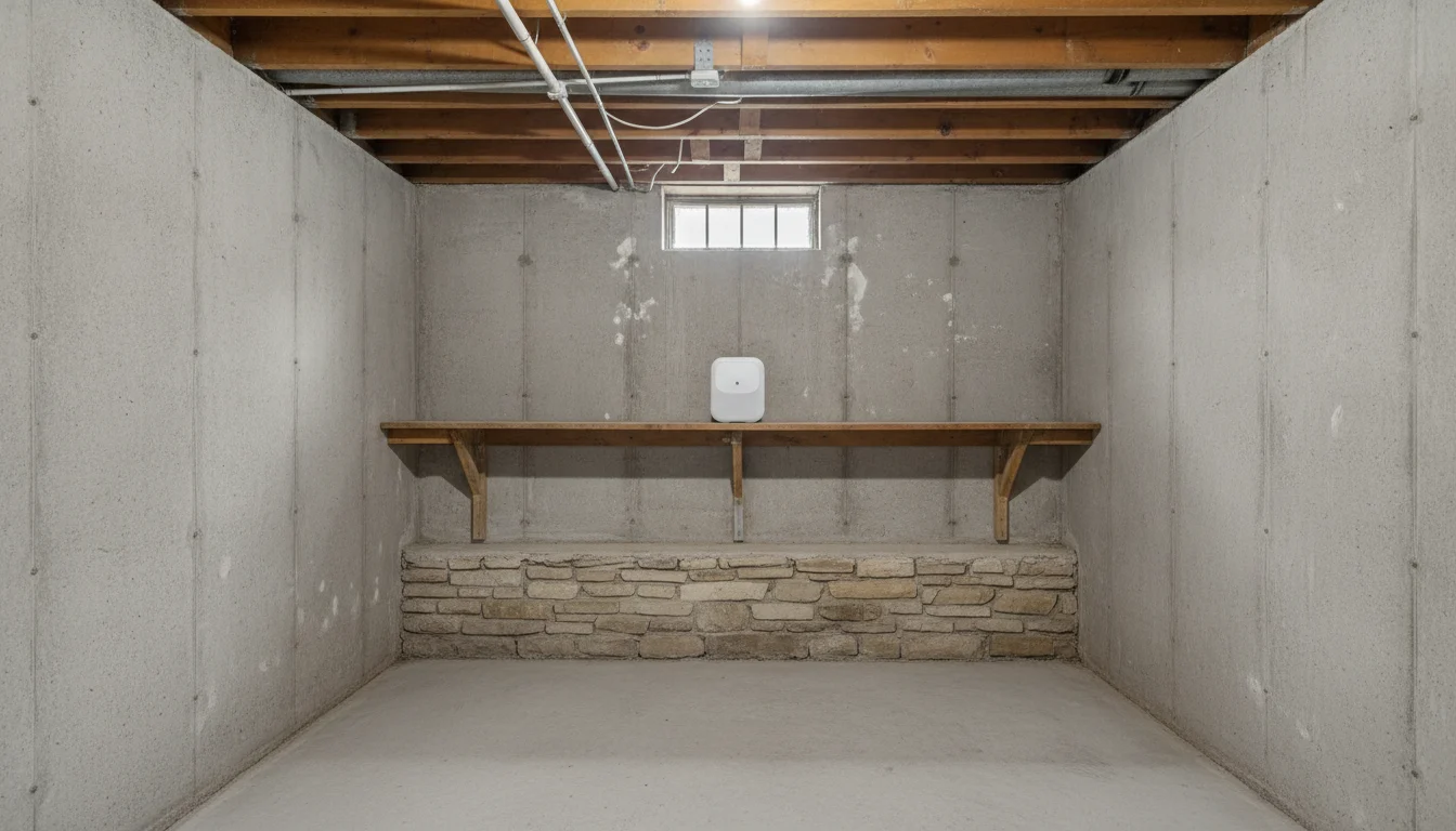 Radon test device in the poured-concrete basement of an older brick St. Louis home
