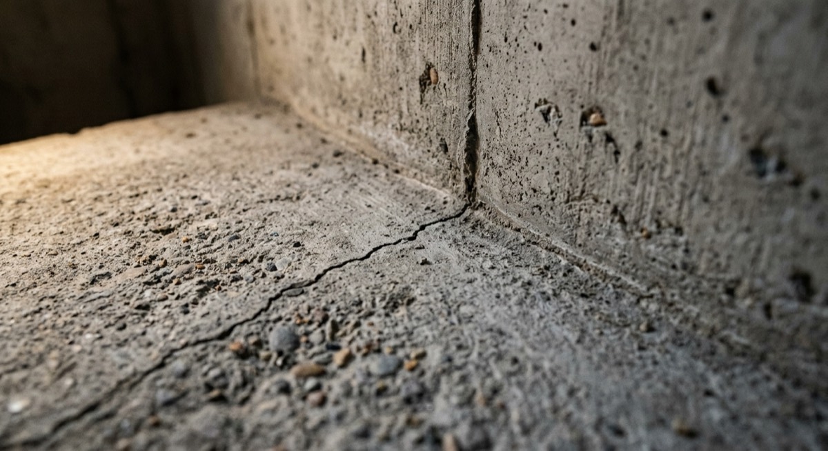 Close-up of a crack in a basement concrete slab running to the floor-to-wall joint, a common radon entry point