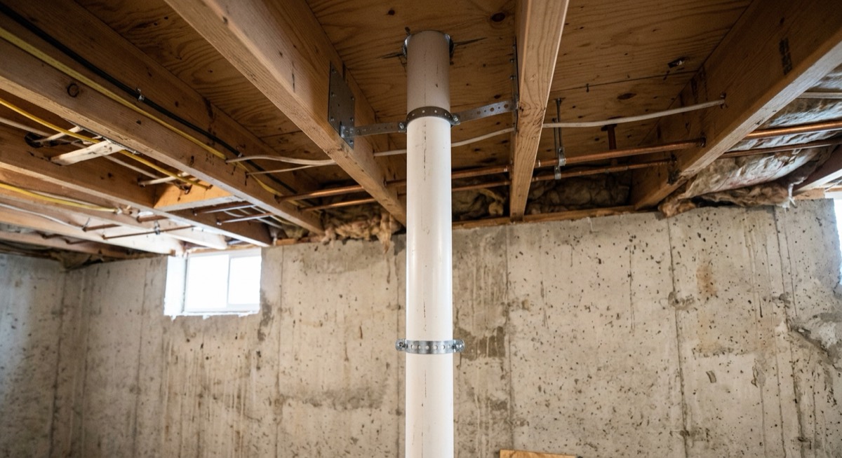 White PVC radon vent pipe running up through the floor joists of an unfinished basement, secured with metal strapping
