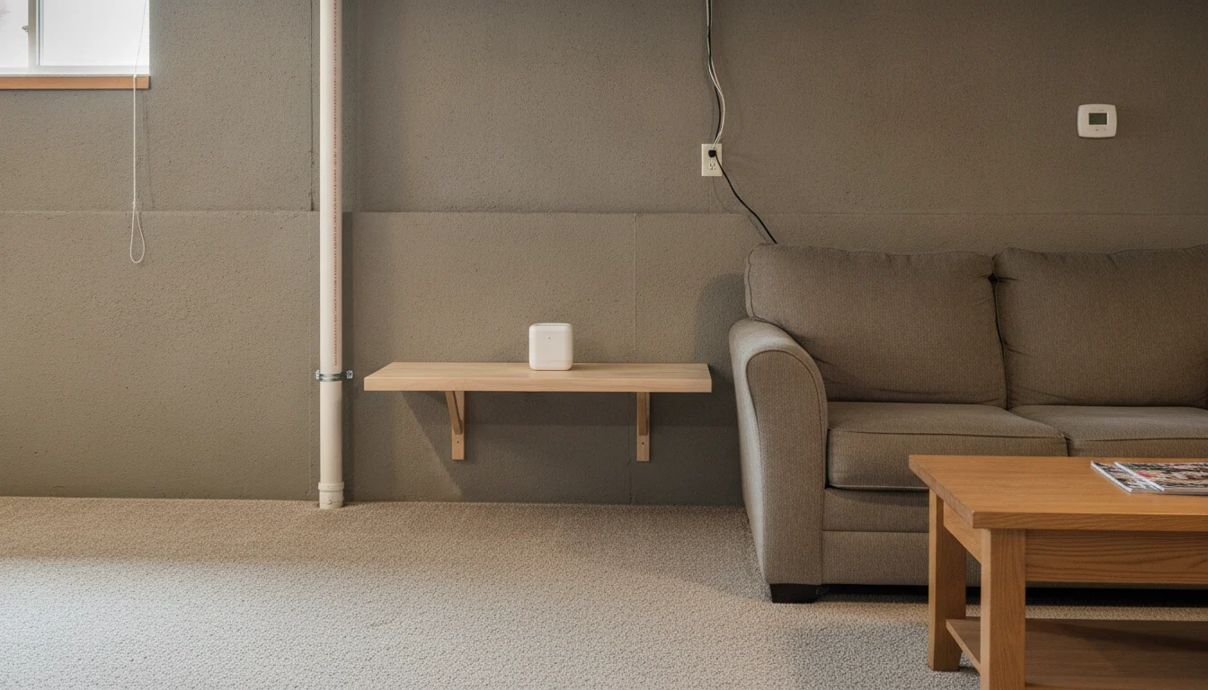 Radon test device positioned correctly on a shelf in the lowest occupied level of a home
