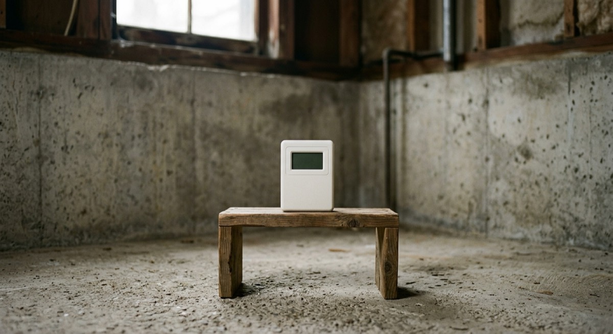 Continuous radon monitor on a wooden stand raised above the floor of an unfinished St. Louis basement during a radon test
