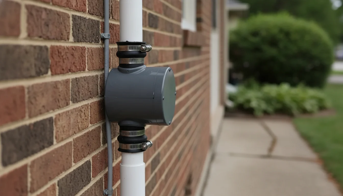 Neat exterior radon fan and vent pipe on a sale-ready St. Louis home