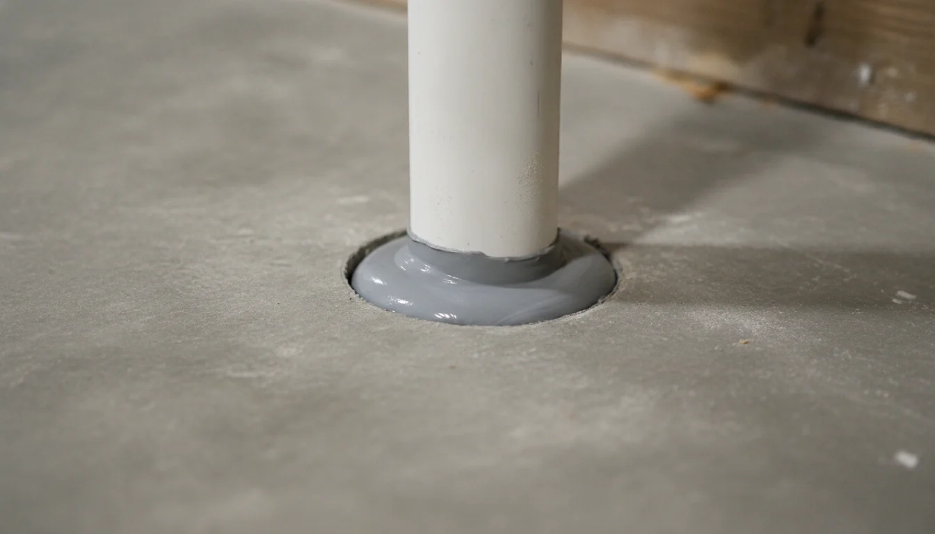 Sealed radon mitigation suction point where white PVC enters a basement concrete slab