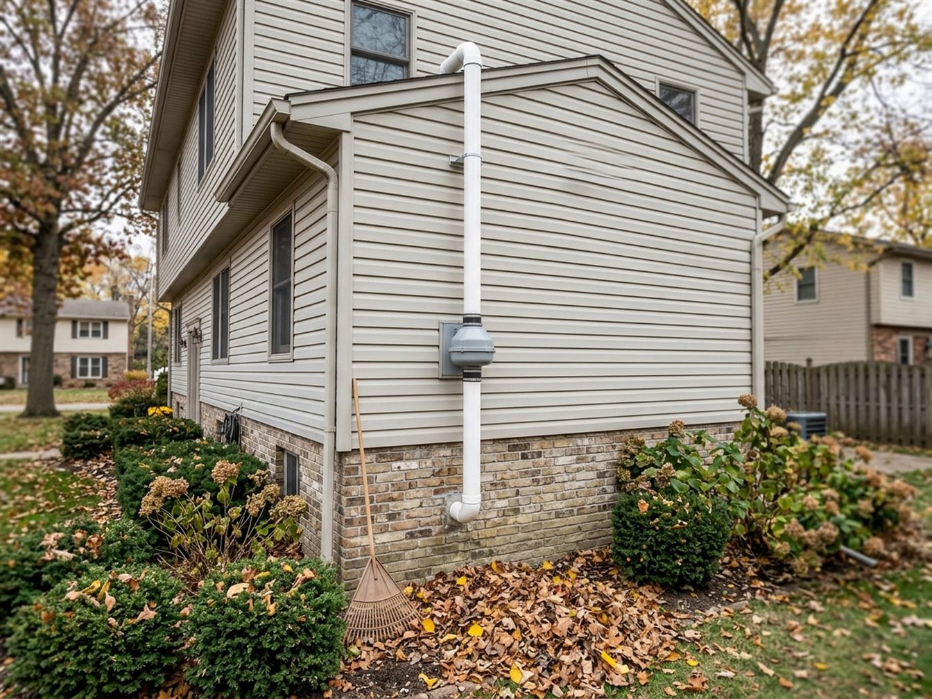 Radon fan and vent pipe on the side of a house with fallen leaves and trimmed shrubs below