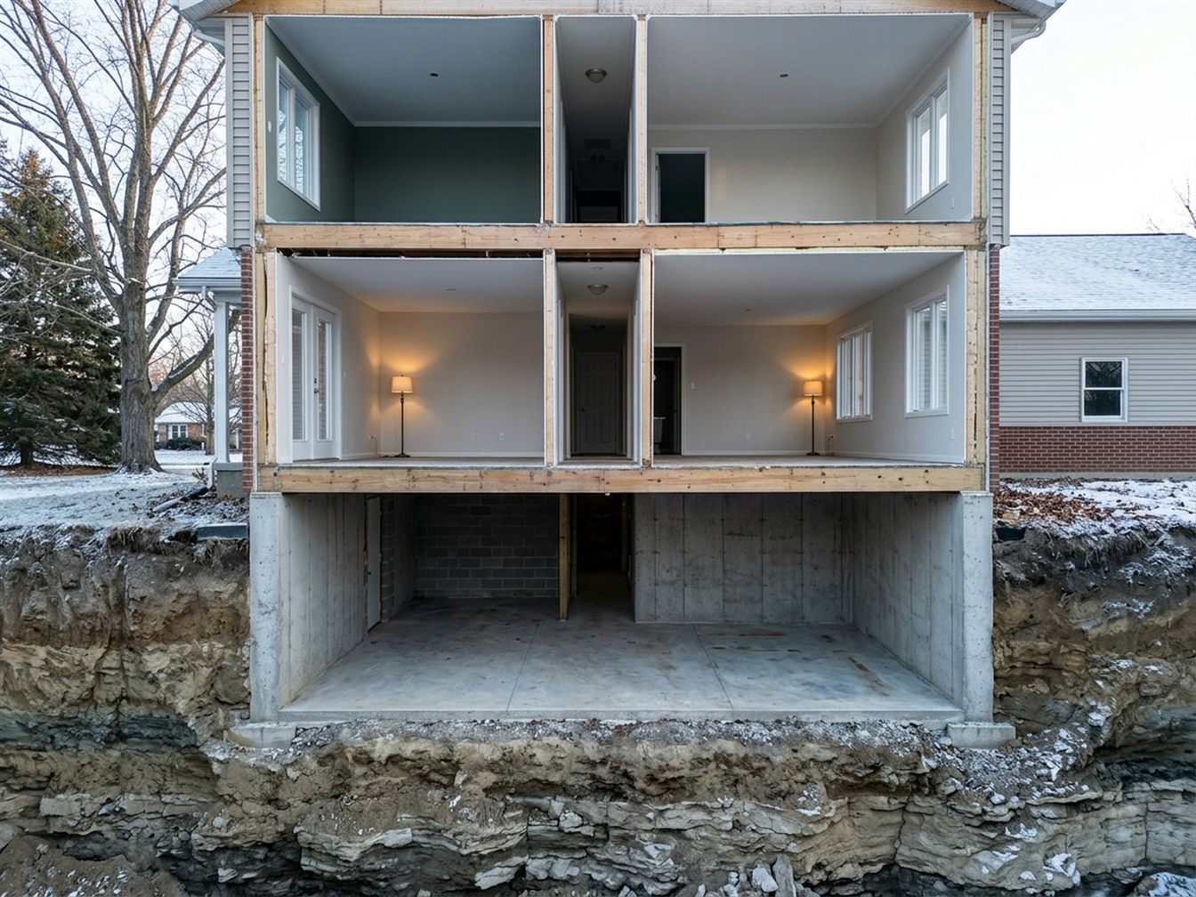 Cutaway of a two-story house with a basement in winter, showing the rooms above the foundation