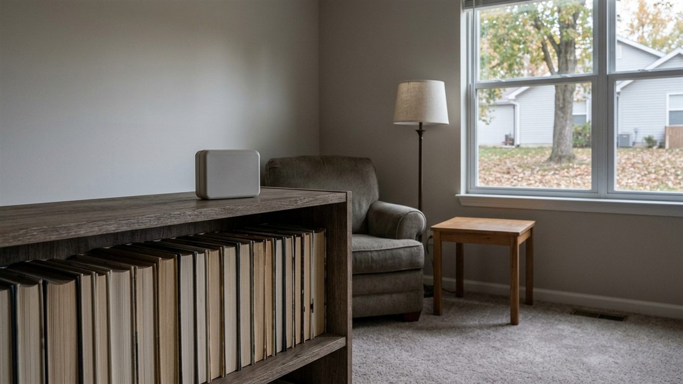 Radon test device on a bookshelf in a finished lower-level family room