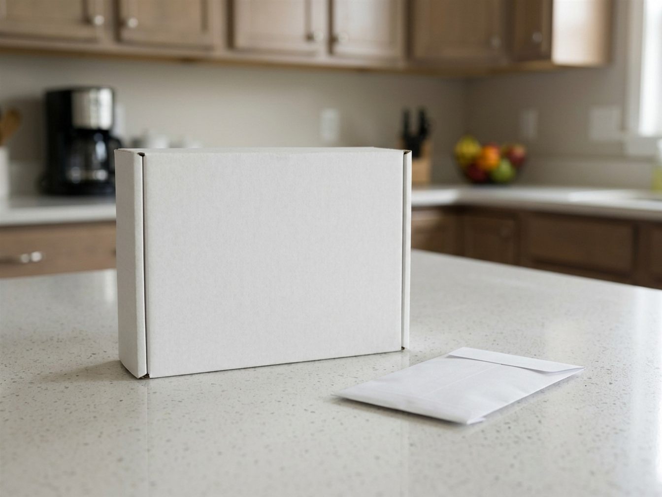 Plain radon test kit box and envelope on a kitchen counter