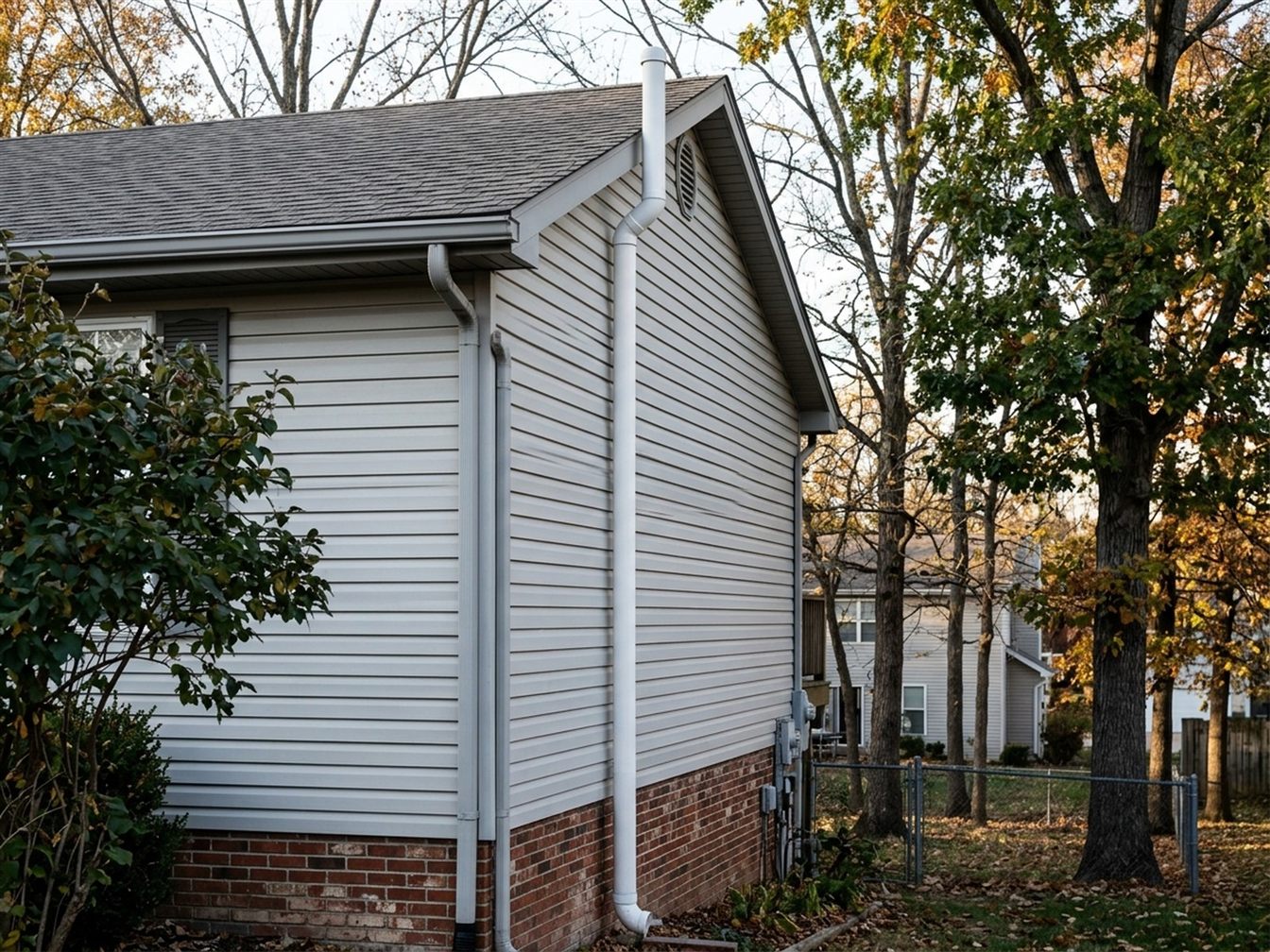 White radon vent pipe running up the side of a vinyl-sided house and above the roofline in autumn
