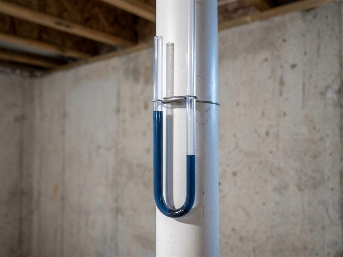 U-tube manometer with blue fluid on a white PVC radon pipe in an unfinished basement